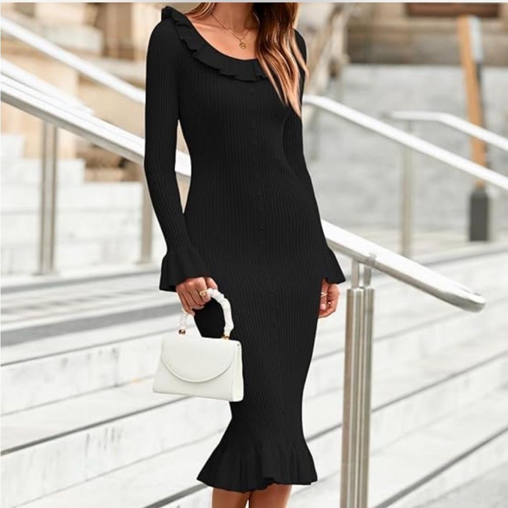 Black Ruffle Ribbed Knit Sweater Dress Long Sleeve Bodycon Maxi Dress - Picture 4 of 8